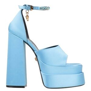 Versace 165mm baby blue satin platform sandals with bejeweled ankle strap